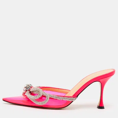 Pre-owned Mach&mach Double Bow Size 37 Pink Pvc Crystal Embellished Mules