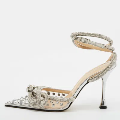 Pre-owned Mach&mach Double Bow Size 37 Transparent/silver Leather And Pvc Crystal Embellished Ankle Strap Pumps