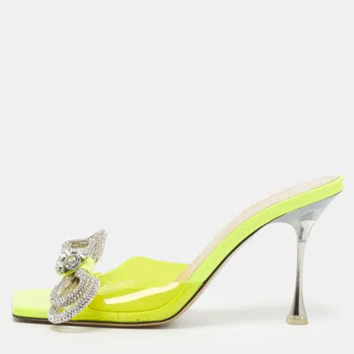 Pre-owned Mach&mach Double Bow Size 37.5 Neon Green Pvc Crystal Embellished Square Toe Slide Sandals