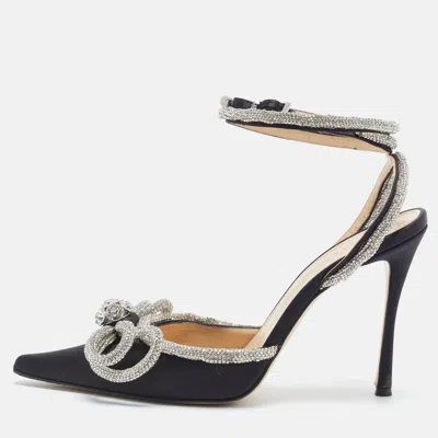 Pre-owned Mach&mach Double Bow Size 38 Black Satin Crsyatl Embellished Ankle Strap Pumps