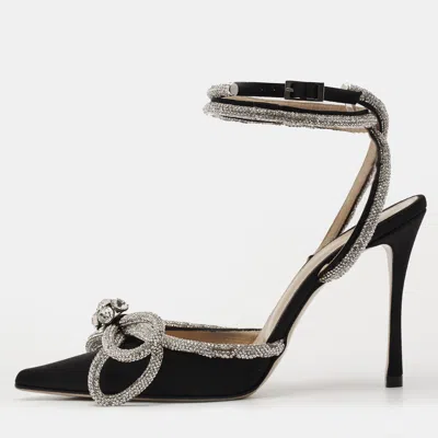 Pre-owned Mach&mach Double Bow Size 38 Black Satin Crystal Embellished Ankle Strap Pumps