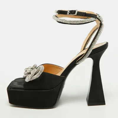 Pre-owned Mach&mach Double Bow Size 38 Black Satin Platform Ankle Strap Sandals