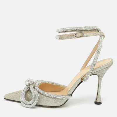 Pre-owned Mach&mach Double Bow Size 38 Metallic Glitters Crystal Embellished Ankle Strap Pumps In Silver