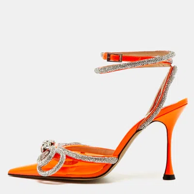 Pre-owned Mach&mach Double Bow Size 38 Orange Leather And Pvc Crystal Embellished Pumps