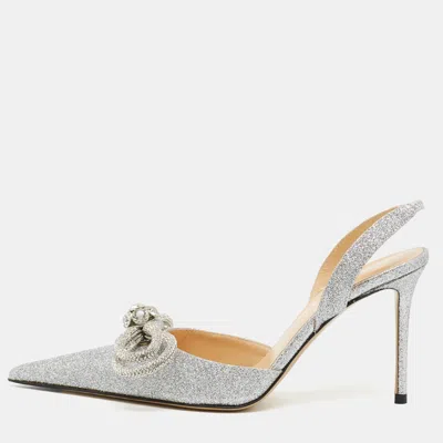 Pre-owned Mach&mach Double Bow Size 38 Silver Glitter Slingback Pumps
