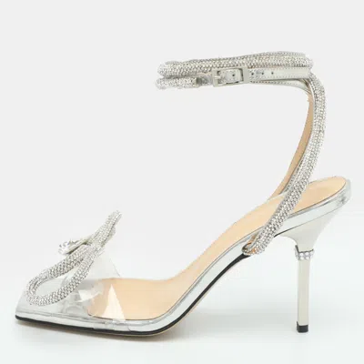 Pre-owned Mach&mach Double Bow Size 38 Silver Leather Crystal Embellished Ankle Wrap Sandals