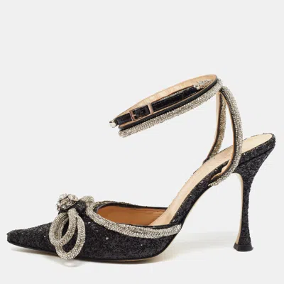 Pre-owned Mach&mach Double Bow Size 39 Black Glitter Crystal Embellished Ankle Strap Pumps