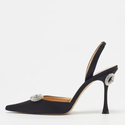 Pre-owned Mach&mach Double Bow Size 39 Black Satin Crystal Embellished Ankle Strap Pumps
