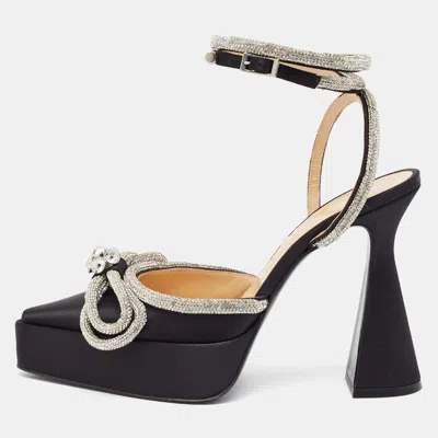 Pre-owned Mach&mach Double Bow Size 39 Black Satin Crystal Embellished Platform Ankle Strap Pumps