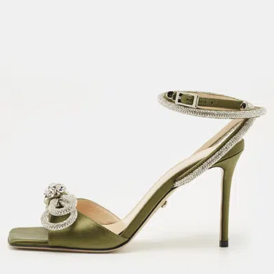 Pre-owned Mach&mach Double Bow Size 39 Khaki Satin Ankle Strap Sandals In Green