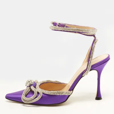 Pre-owned Mach&mach Double Bow Size 39 Purple Satin Crystal Embellished Ankle Wrap Pumps