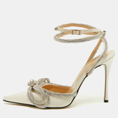 Pre-owned Mach&mach Double Bow Size 40 Cream Satin Crystal Embellished Pumps In White