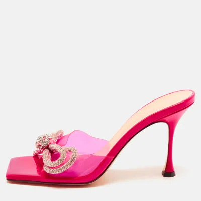 Pre-owned Mach&mach Double Bow Size 40 Pink Pvc Crystal Embellished Slide Sandals