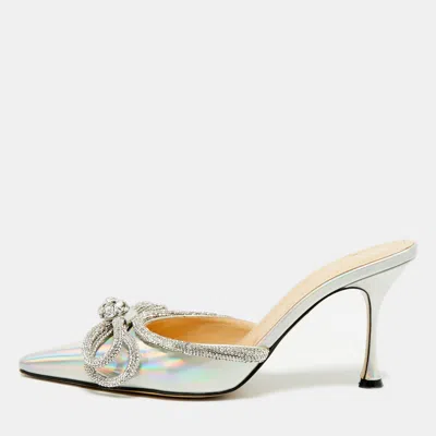 Pre-owned Mach&mach Double Bow Size 41 Iridescent Leather Crystal Embellished Mules In Multi