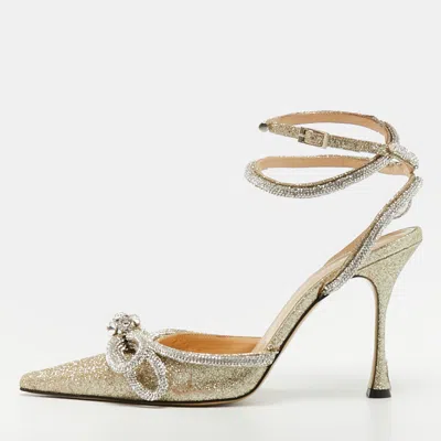 Pre-owned Mach&mach Double Bow Size 41 Metallic Gold Glitter Crystal Embellished Ankle Strap Pumps