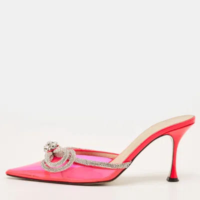 Pre-owned Mach&mach Double Bow Size 41 Pink Patent Leather And Pvc Crystal Embellished Mules