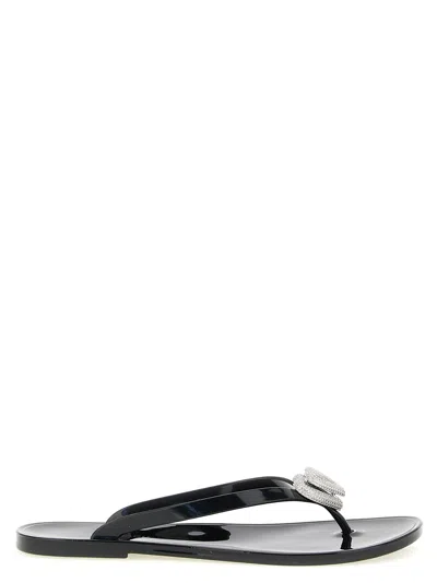 Mach&mach Double Heart Sandals With Glossy Finish And Crystal Embellishment In Black