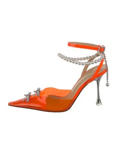 Pre-owned Mach&mach Faux Pearl Accents Crystal Embellishments D'orsay Pumps In Orange