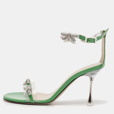 Pre-owned Mach&mach Floating Crystal Bow Size 36.5 Green Patent Leather And Pvc Ankle Strap Sandals