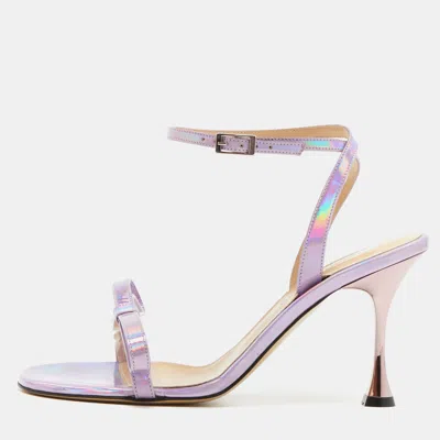 Pre-owned Mach&mach French Bow Size 38.5 Purple Holographic Patent Leather Ankle Strap Sandals