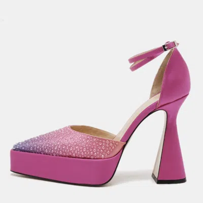 Pre-owned Mach&mach Galaxy Crystalized Size 38 Pink Satin Platform Pumps