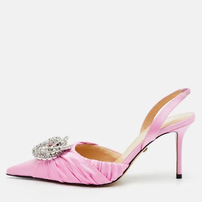 Pre-owned Mach&mach Galaxy Size 38 Pink Satin Crystal Embellished Slingback Pumps