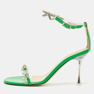 Pre-owned Mach&mach Green Patent Leather And Pvc Floating Crystal Bow Sandals Size 39.5