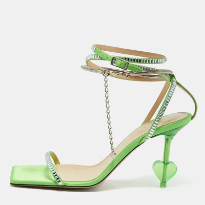 Pre-owned Mach&mach Green Satin Crystal Embellished Ankle Strap Sandals Size 38