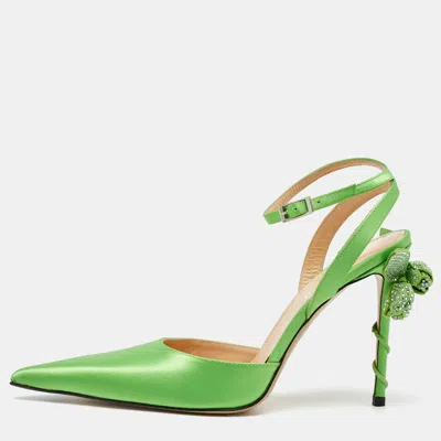 Pre-owned Mach&mach Green Satin Wonder Tulip Pointed Toe Ankle Strap Sandals Size 39