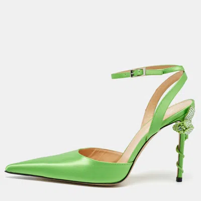 Pre-owned Mach&mach Green Satin Wonder Tulip Pointed Toe Ankle Strap Sandals Size 39