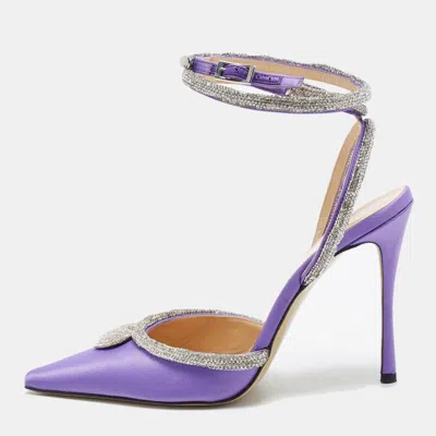 Pre-owned Mach&mach Heart Size 39 Purple Satin Crystal Embellished Ankle Strap Pumps
