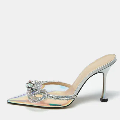 Pre-owned Mach&mach Iridescent Pvc Crystal Embellished Double Bow Mules Size 37 In Multi