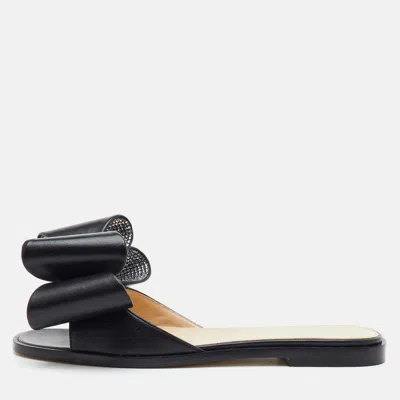 Pre-owned Mach&mach Le Cadeau Size 36.5 Black Leather Crystal Embellished Flat Slide Sandals