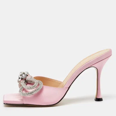 Pre-owned Mach&mach Light Pink Satin Crystal Embellished Double Bow Slide Sandals Size 39