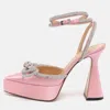 Mach&mach Light Pink Satin Double Bow Crystal Embellished Platform Pumps In Pink