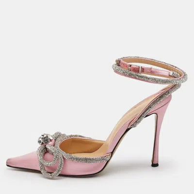 Pre-owned Mach&mach Light Pink/silver Satin Double Bow Crystal Embellished Pumps Size 38.5