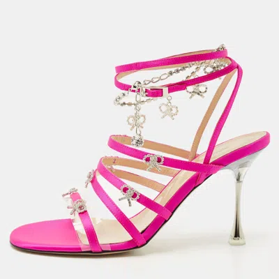 Pre-owned Mach&mach Pink Satin Crystal Bow Camille Sandals Size 37.5