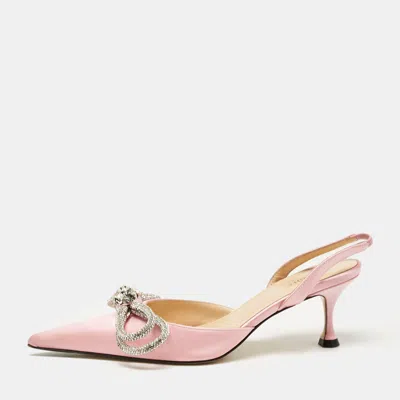 Mach&mach Pink Satin Crystal Embellished Double Bow Ankle Wrap Pumps