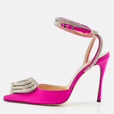 Pre-owned Mach&mach Pink Satin Crystal Embellished Triple Heart Ankle Wrap Pumps Size 40