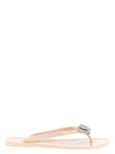 Mach&mach Rubber Thong Sandals With Metal Double Heart Detail And Crystal Embellishments In Neutral