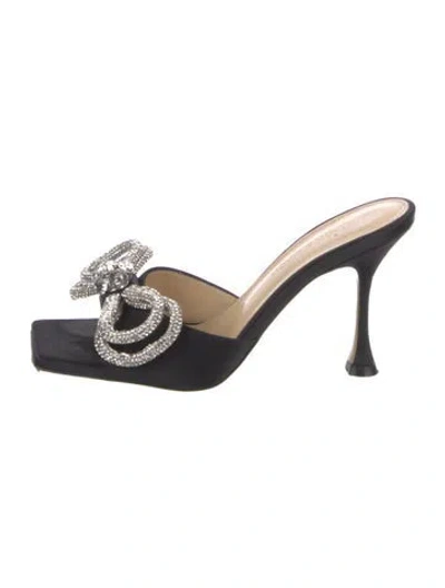 Pre-owned Mach&mach Satin Bow Accents Slides In Black