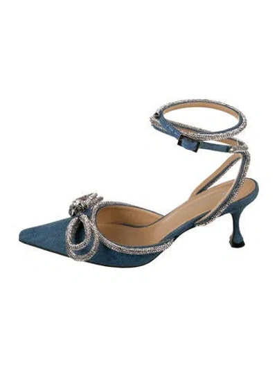 Pre-owned Mach&mach Satin Bow Accents Slingback Pumps In Blue