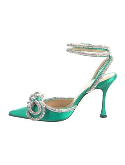 Pre-owned Mach&mach Satin Bow Accents Slingback Pumps In Green
