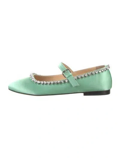 Pre-owned Mach&mach Satin Crystal Embellishments Mary Jane Flats In Green