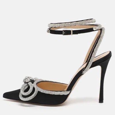 Pre-owned Mach&mach Satin Double Bow Crystal Embellished Ankle Tie Pumps Size 38 In Black