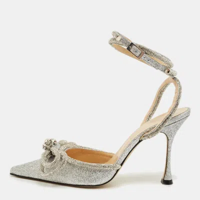 Pre-owned Mach&mach Silver Glitter Crystal Embellished Double Bow Pumps Size 38.5
