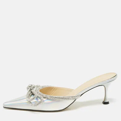 Pre-owned Mach&mach Silver Iridescent Pvc Crystal Embellished Double Bow Mules Size 42