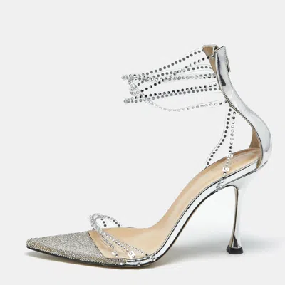 Pre-owned Mach&mach Silver Leather And Pvc Crystal Embellished Ankle Strap Sandals Size 39.5