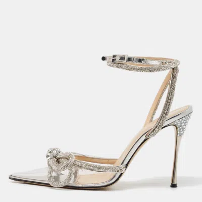 Pre-owned Mach&mach Silver Patent Leather And Pvc Double Bow Ankle Wrap Pumps Size 37