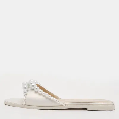 Pre-owned Mach&mach Sirene Size 39.5 White Iridescent Leather Flat Slides